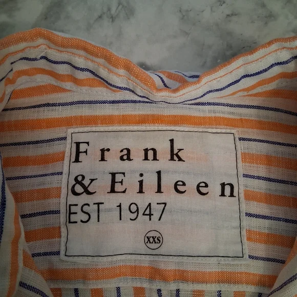 Frank & Eileen 100% Linen Orange Blue & White Stripe Button up XXS NWOT *READ - Picture 8 of 12